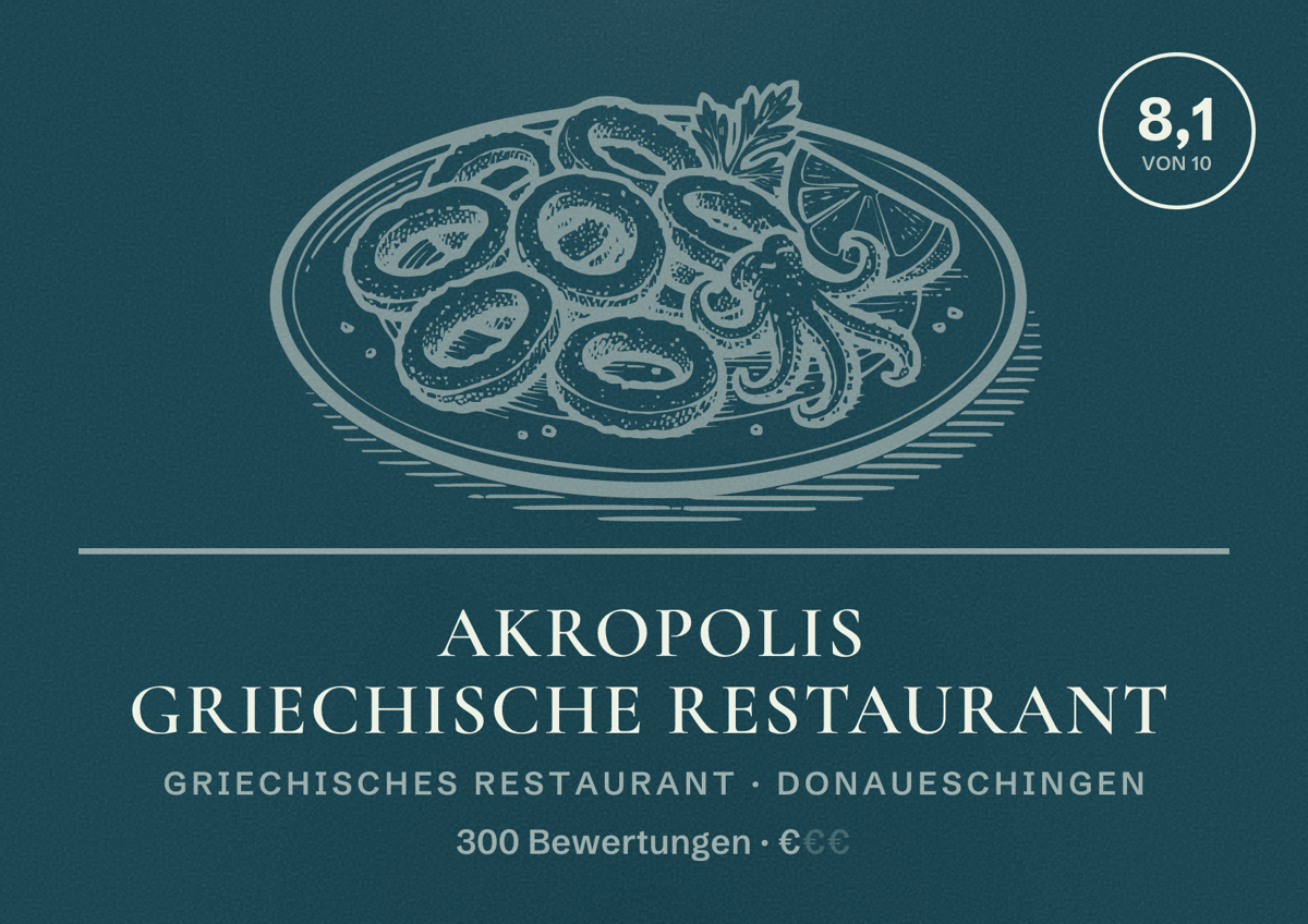 Illustriertes Poster von Akropolis Griechische Restaurant, Griechisches Restaurant in Donaueschingen: Bewertung 8,1 von 10 aus 300 Bewertungen, Preisniveau €