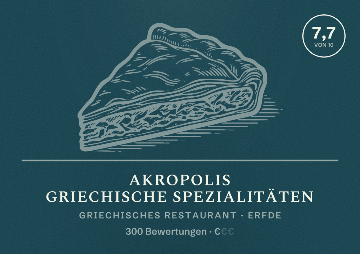 Illustriertes Poster von Akropolis Griechische Spezialitäten, Griechisches Restaurant in Erfde: Bewertung 7,7 von 10 aus 300 Bewertungen, Preisniveau €