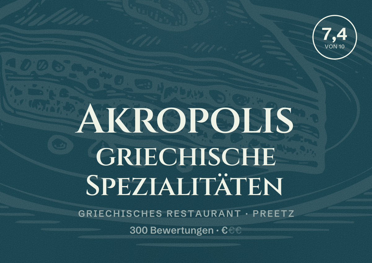 Illustriertes Poster von Akropolis griechische Spezialitäten, Griechisches Restaurant in Preetz: Bewertung 7,4 von 10 aus 300 Bewertungen, Preisniveau €