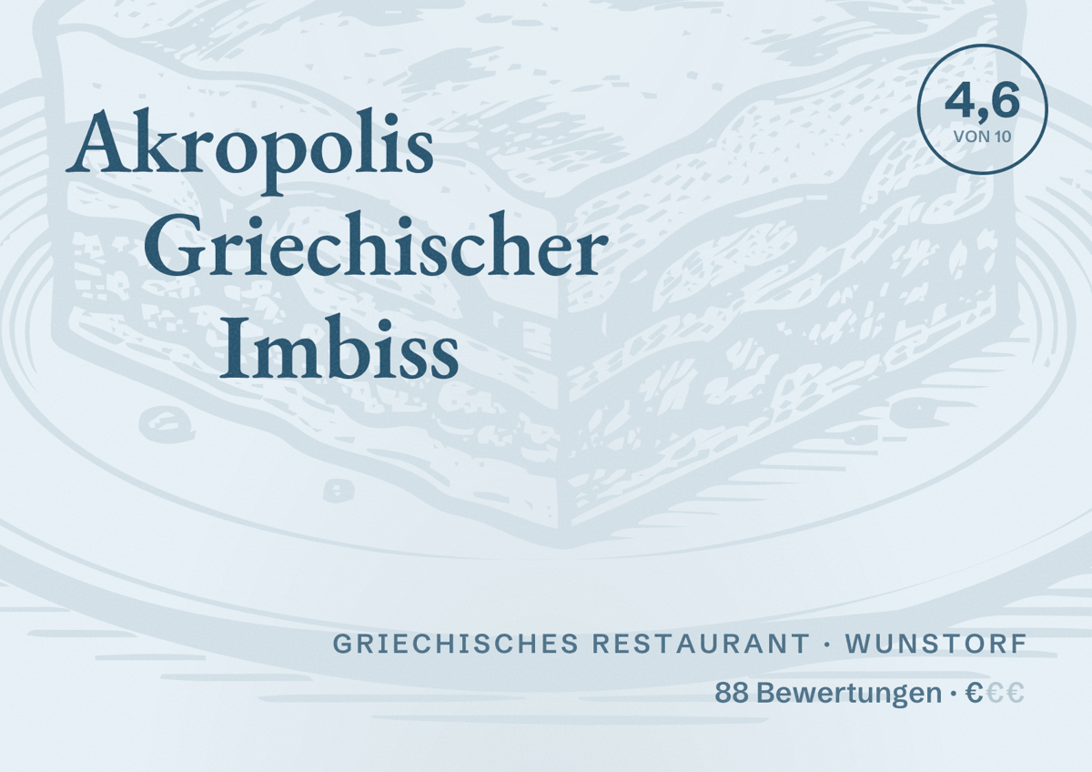 Illustriertes Poster von Akropolis Griechischer Imbiss, Griechisches Restaurant in Wunstorf: Bewertung 4,6 von 10 aus 88 Bewertungen, Preisniveau €
