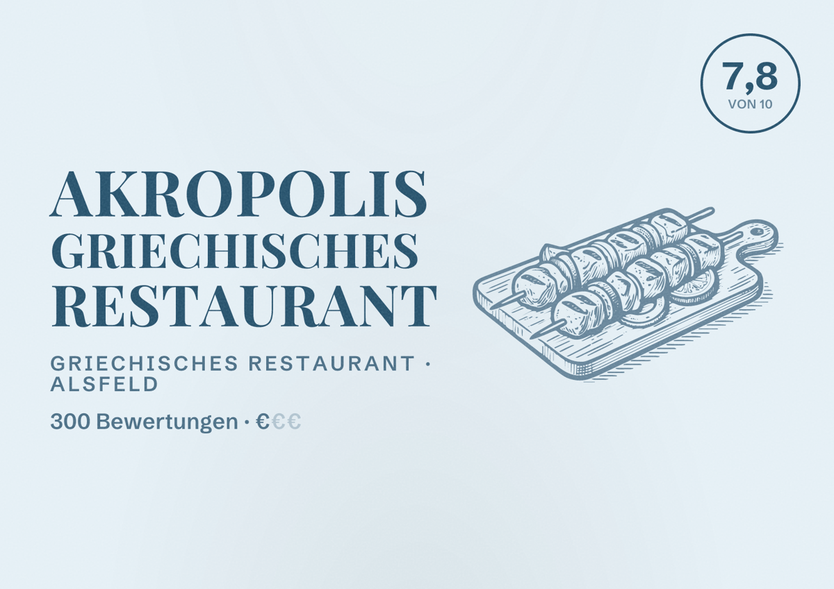 Illustriertes Poster von Akropolis Griechisches Restaurant, Griechisches Restaurant in Alsfeld: Bewertung 7,8 von 10 aus 300 Bewertungen, Preisniveau €
