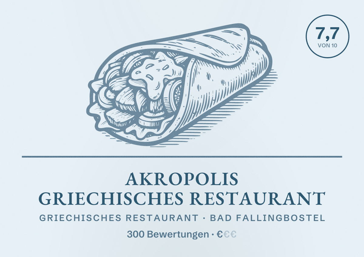 Illustriertes Poster von Akropolis Griechisches Restaurant, Griechisches Restaurant in Bad Fallingbostel: Bewertung 7,7 von 10 aus 300 Bewertungen, Preisniveau €