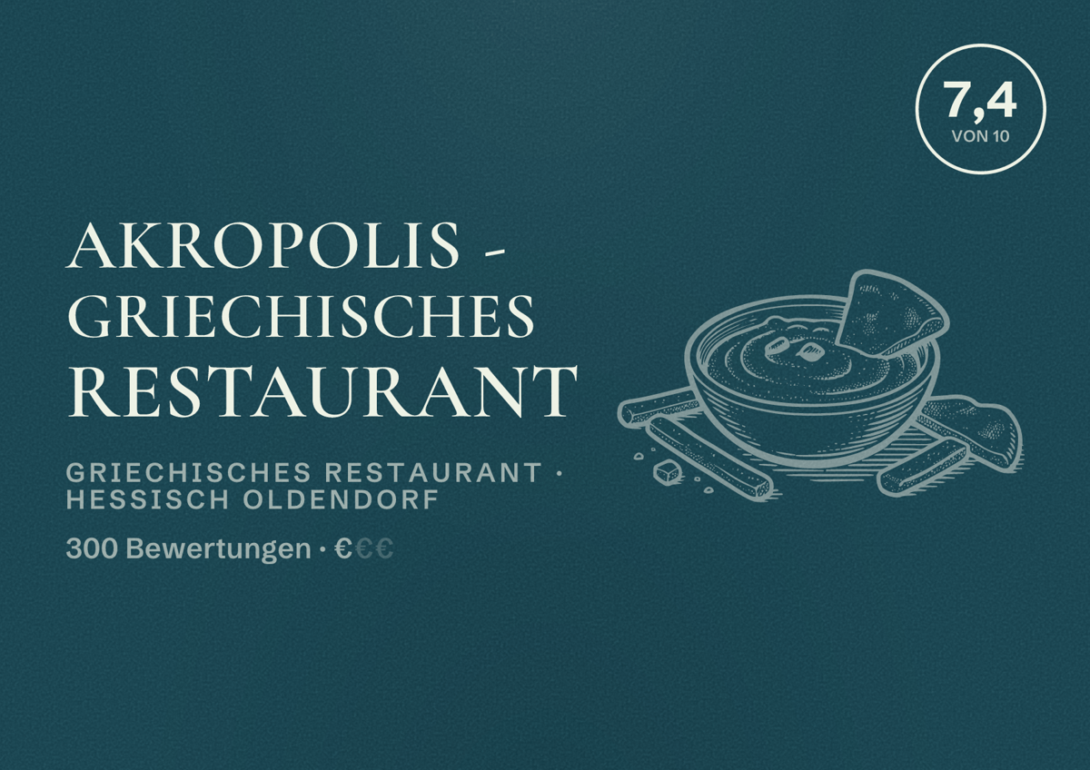 Illustriertes Poster von Akropolis - Griechisches Restaurant, Griechisches Restaurant in Hessisch Oldendorf: Bewertung 7,4 von 10 aus 300 Bewertungen, Preisniveau €