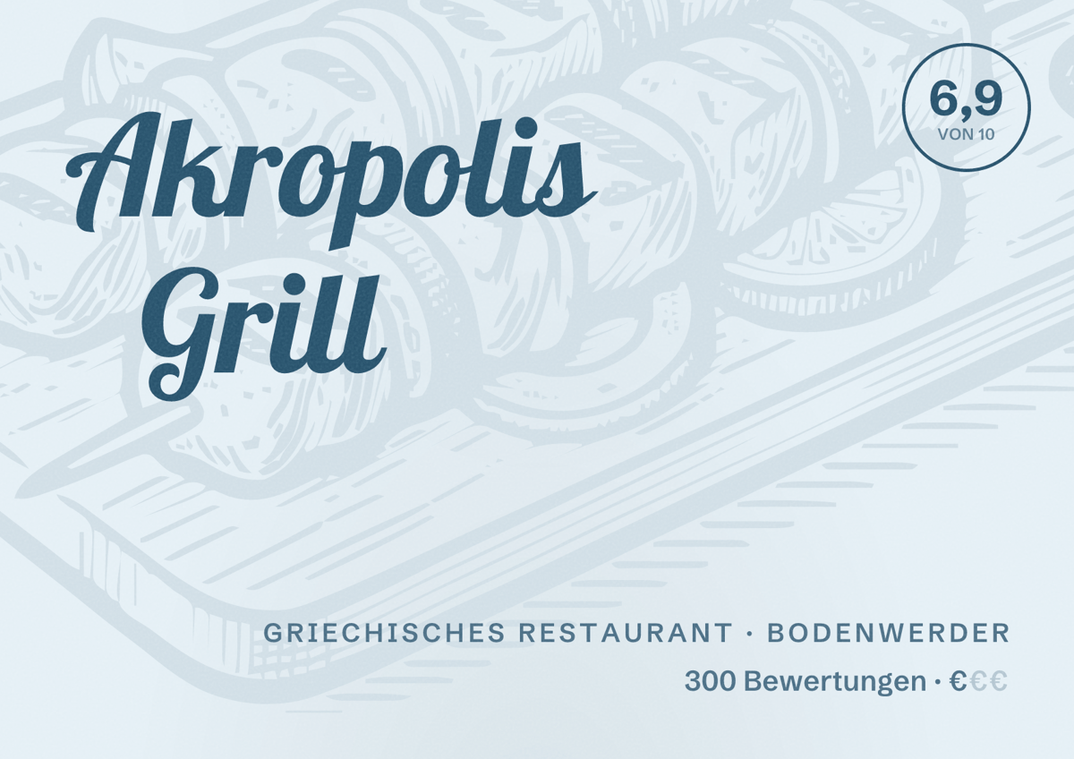 Illustriertes Poster von Akropolis Grill, Griechisches Restaurant in Bodenwerder: Bewertung 6,9 von 10 aus 300 Bewertungen, Preisniveau €