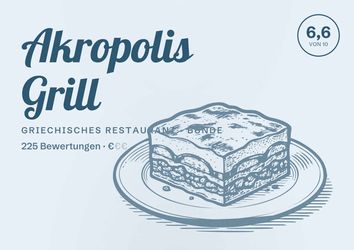 Illustriertes Poster von Akropolis Grill, Griechisches Restaurant in Bünde: Bewertung 6,6 von 10 aus 225 Bewertungen, Preisniveau €
