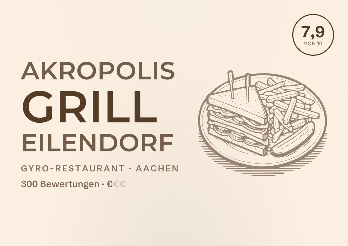 Illustriertes Poster von Akropolis Grill Eilendorf, Gyro-Restaurant in Aachen: Bewertung 7,9 von 10 aus 300 Bewertungen, Preisniveau €