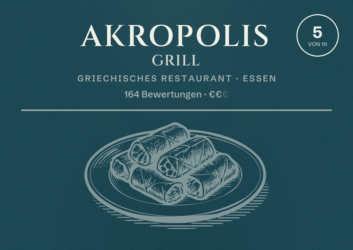 Illustriertes Poster von Akropolis Grill, Griechisches Restaurant in Essen: Bewertung 5 von 10 aus 164 Bewertungen, Preisniveau €€