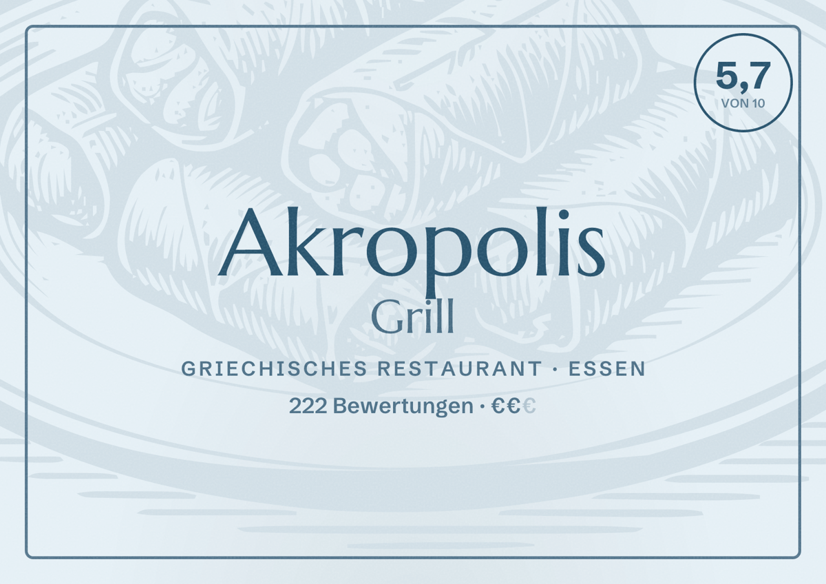 Illustriertes Poster von Akropolis Grill, Griechisches Restaurant in Essen: Bewertung 5,7 von 10 aus 222 Bewertungen, Preisniveau €€