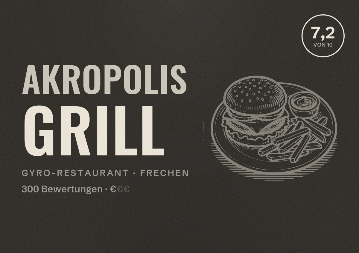 Illustriertes Poster von Akropolis Grill, Gyro-Restaurant in Frechen: Bewertung 7,2 von 10 aus 300 Bewertungen, Preisniveau €