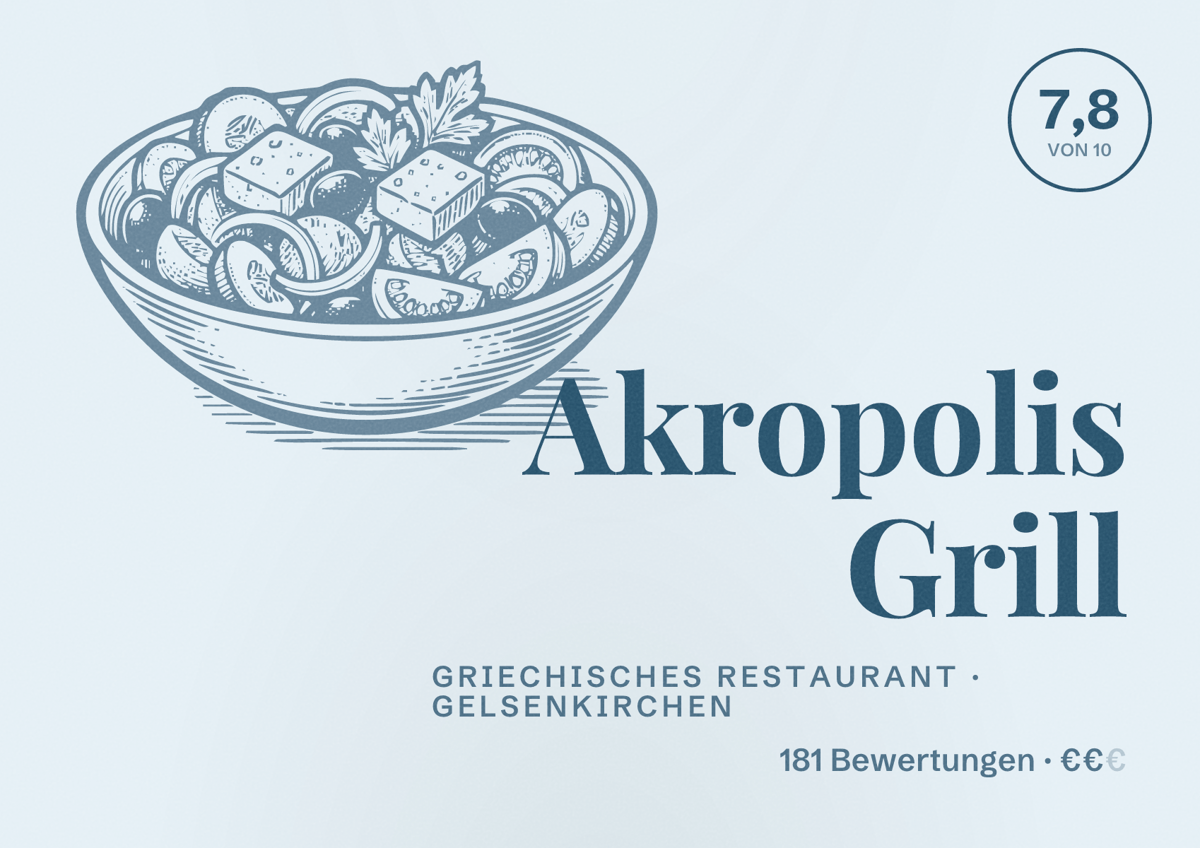 Illustriertes Poster von Akropolis Grill, Griechisches Restaurant in Gelsenkirchen: Bewertung 7,8 von 10 aus 181 Bewertungen, Preisniveau €€