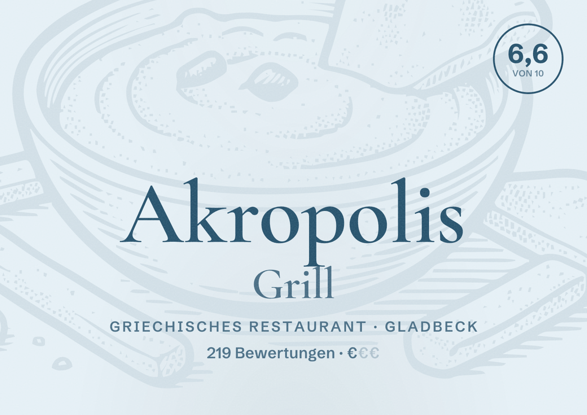 Illustriertes Poster von Akropolis Grill, Griechisches Restaurant in Gladbeck: Bewertung 6,6 von 10 aus 219 Bewertungen, Preisniveau €