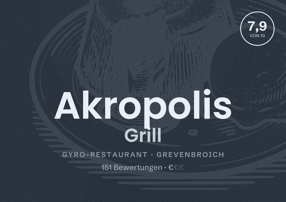 Illustriertes Poster von Akropolis Grill, Gyro-Restaurant in Grevenbroich: Bewertung 7,9 von 10 aus 151 Bewertungen, Preisniveau €