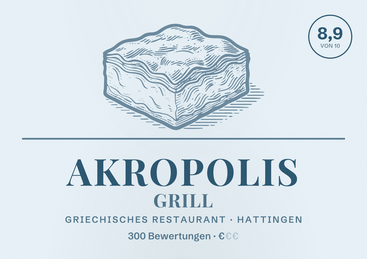 Illustriertes Poster von Akropolis Grill, Griechisches Restaurant in Hattingen: Bewertung 8,9 von 10 aus 300 Bewertungen, Preisniveau €