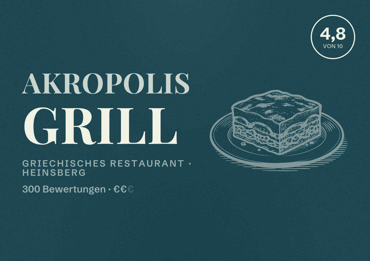 Illustriertes Poster von Akropolis Grill, Griechisches Restaurant in Heinsberg: Bewertung 4,8 von 10 aus 300 Bewertungen, Preisniveau €€