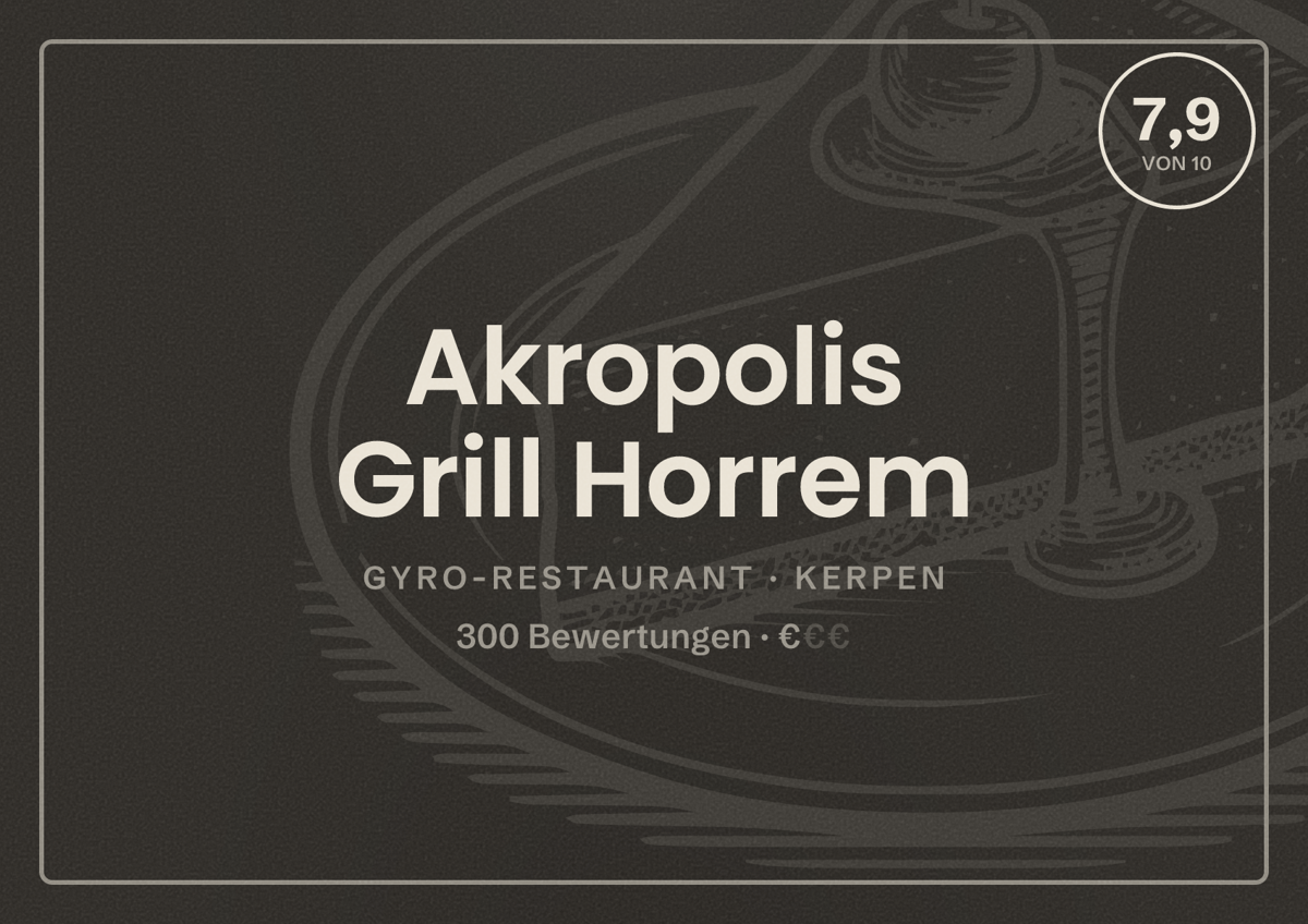 Illustriertes Poster von Akropolis Grill Horrem, Gyro-Restaurant in Kerpen: Bewertung 7,9 von 10 aus 300 Bewertungen, Preisniveau €