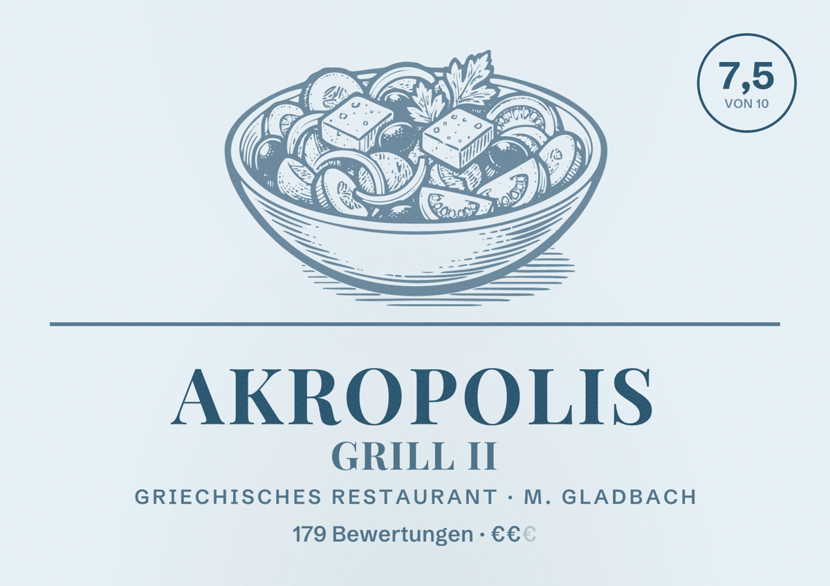 Illustriertes Poster von AKROPOLIS GRILL II, Griechisches Restaurant in M. Gladbach: Bewertung 7,5 von 10 aus 179 Bewertungen, Preisniveau €€