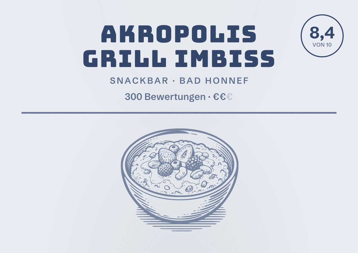 Illustriertes Poster von Akropolis Grill Imbiss, Snackbar in Bad Honnef: Bewertung 8,4 von 10 aus 300 Bewertungen, Preisniveau €€