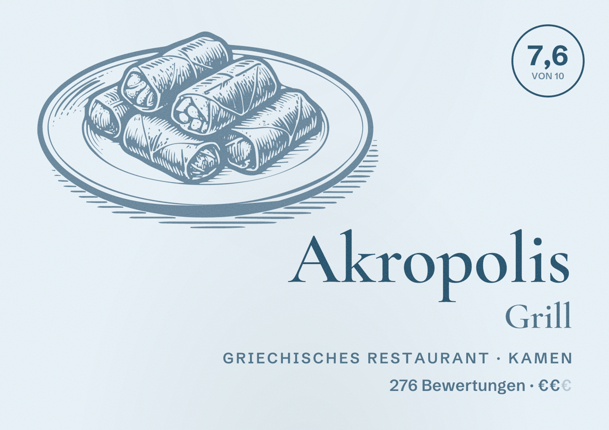 Illustriertes Poster von Akropolis Grill, Griechisches Restaurant in Kamen: Gästebewertung 7,6 von 10 aus 276 Bewertungen