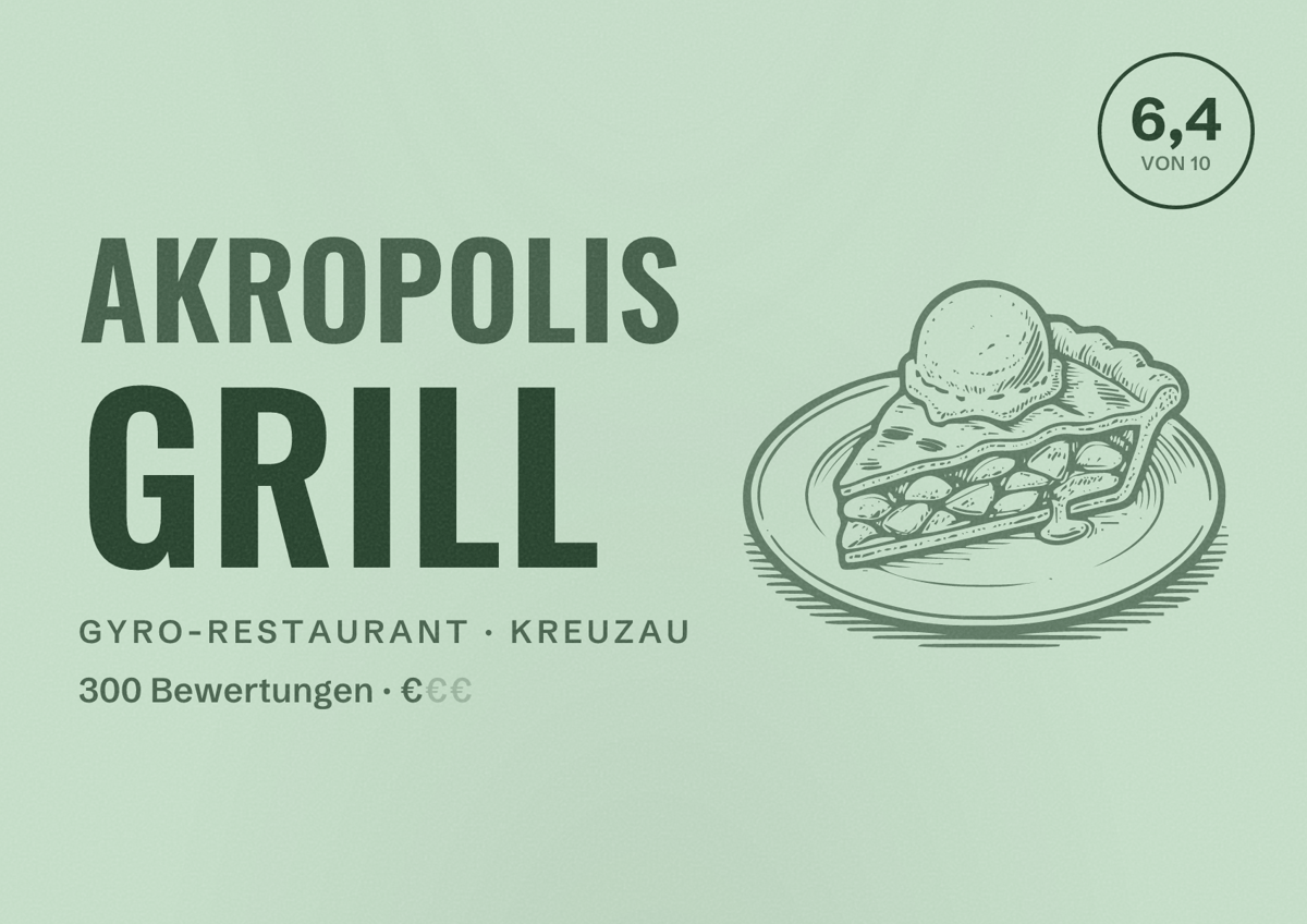 Illustriertes Poster von Akropolis Grill, Gyro-Restaurant in Kreuzau: Bewertung 6,4 von 10 aus 300 Bewertungen, Preisniveau €