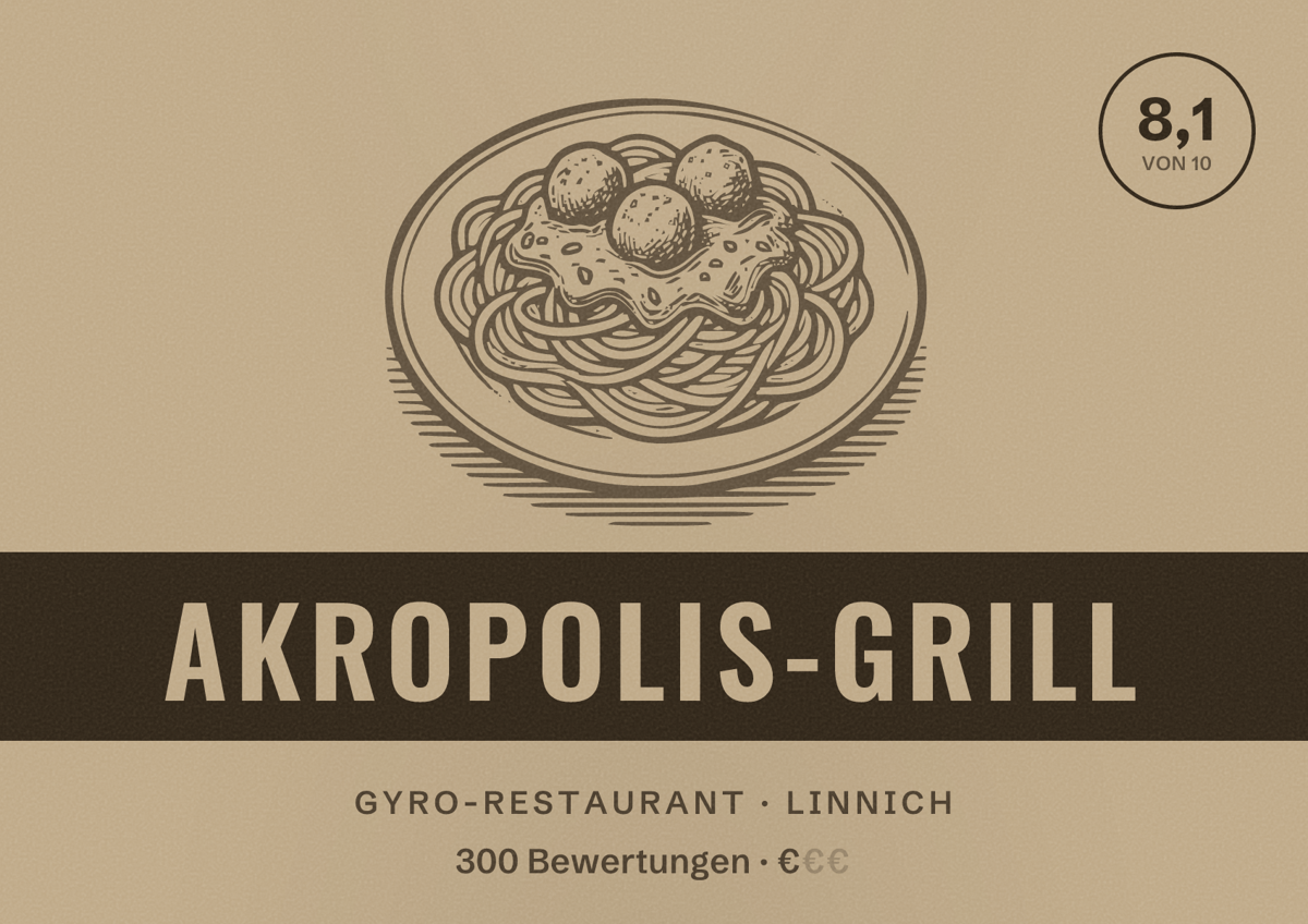 Illustriertes Poster von Akropolis-Grill, Gyro-Restaurant in Linnich: Bewertung 8,1 von 10 aus 300 Bewertungen, Preisniveau €