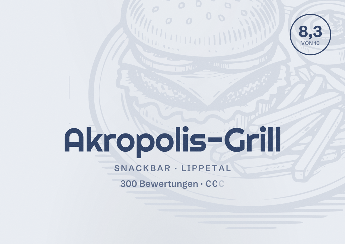 Illustriertes Poster von Akropolis-Grill, Snackbar in Lippetal: Bewertung 8,3 von 10 aus 300 Bewertungen, Preisniveau €€