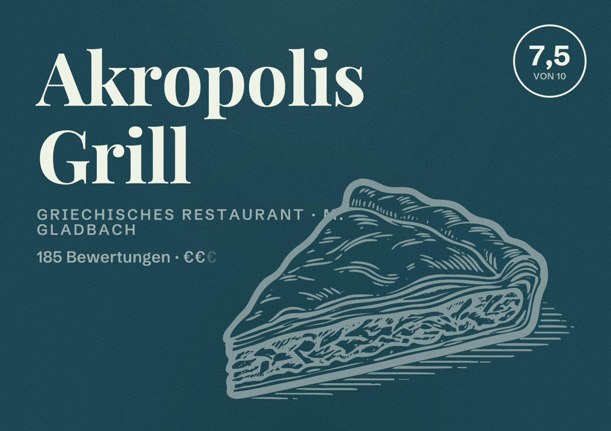 Illustriertes Poster von Akropolis Grill, Griechisches Restaurant in M. Gladbach: Bewertung 7,5 von 10 aus 185 Bewertungen, Preisniveau €€