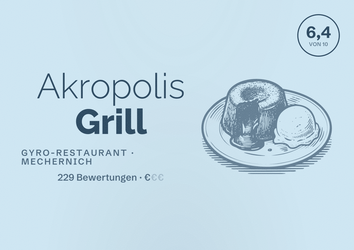 Illustriertes Poster von Akropolis Grill, Gyro-Restaurant in Mechernich: Bewertung 6,4 von 10 aus 229 Bewertungen, Preisniveau €