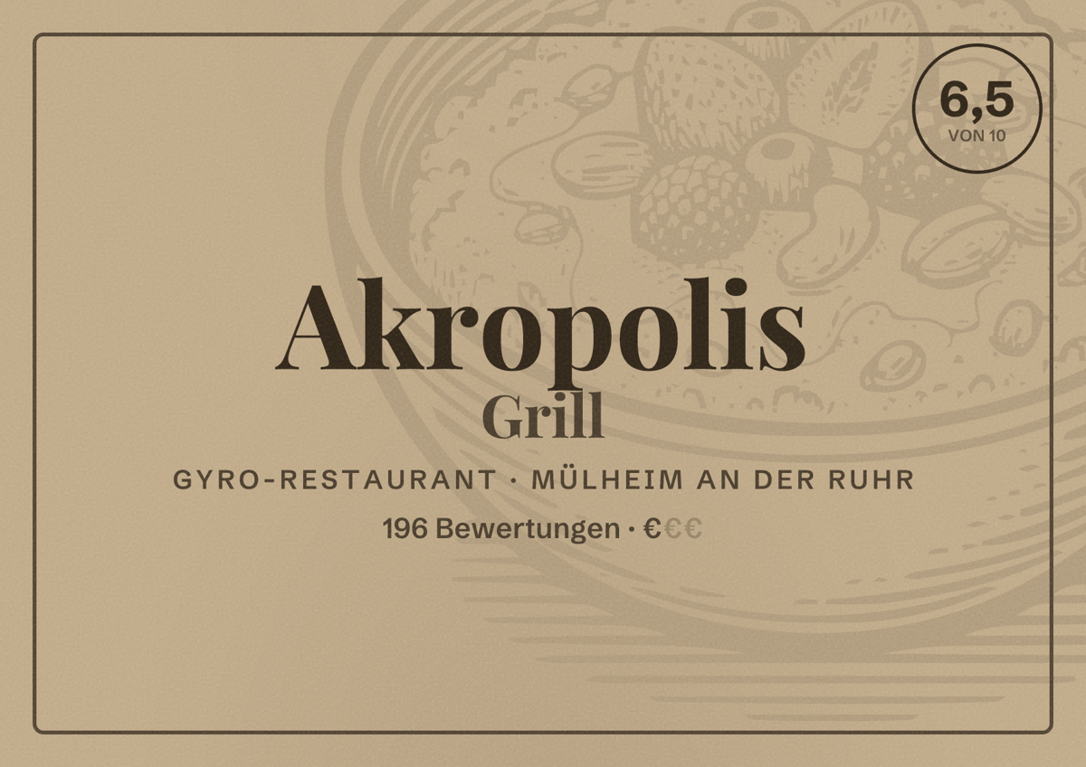 Illustriertes Poster von Akropolis Grill, Gyro-Restaurant in Mülheim an der Ruhr: Bewertung 6,5 von 10 aus 196 Bewertungen, Preisniveau €