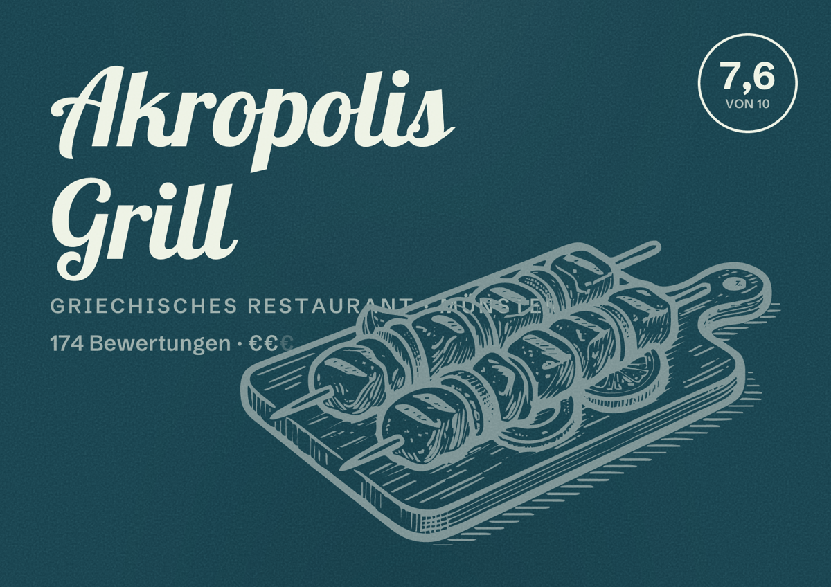 Illustriertes Poster von Akropolis Grill, Griechisches Restaurant in Münster: Bewertung 7,6 von 10 aus 174 Bewertungen, Preisniveau €€