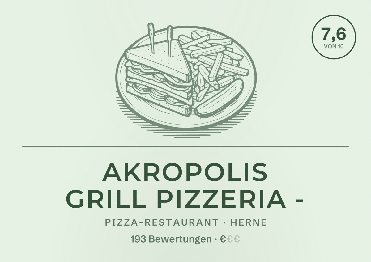 Illustriertes Poster von Akropolis Grill Pizzeria -, Pizza-Restaurant in Herne: Bewertung 7,6 von 10 aus 193 Bewertungen, Preisniveau €