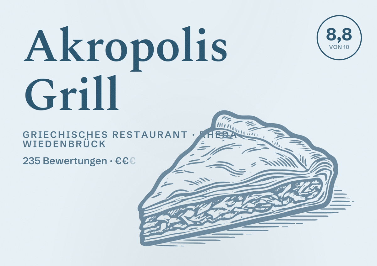 Illustriertes Poster von Akropolis Grill, Griechisches Restaurant in Rheda-Wiedenbrück: Bewertung 8,8 von 10 aus 235 Bewertungen, Preisniveau €€