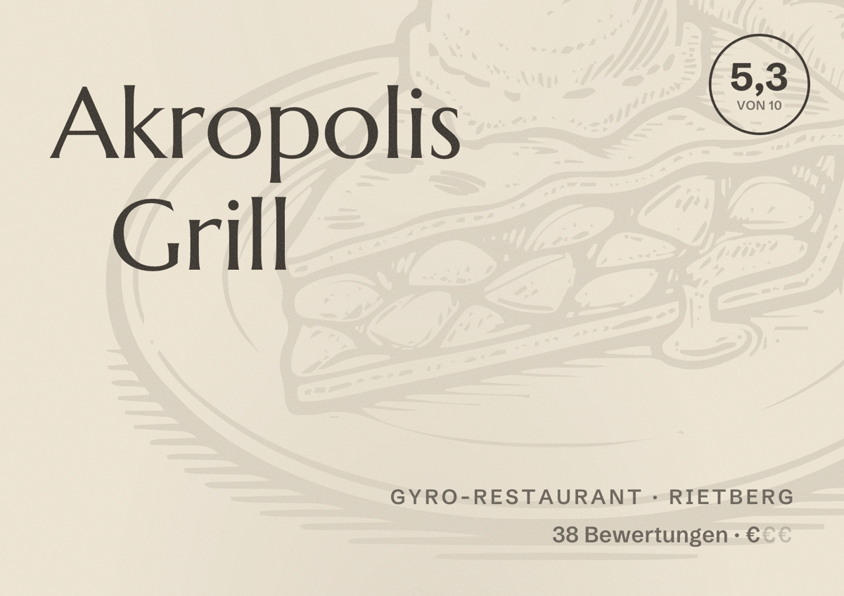 Illustriertes Poster von Akropolis Grill, Gyro-Restaurant in Rietberg: Bewertung 5,3 von 10 aus 38 Bewertungen, Preisniveau €