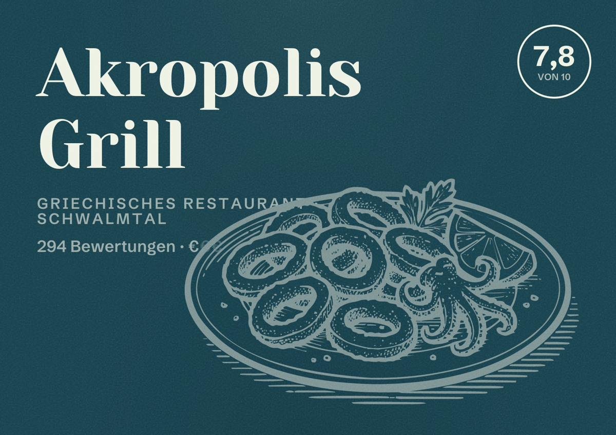 Illustriertes Poster von Akropolis Grill, Griechisches Restaurant in Schwalmtal: Bewertung 7,8 von 10 aus 294 Bewertungen, Preisniveau €