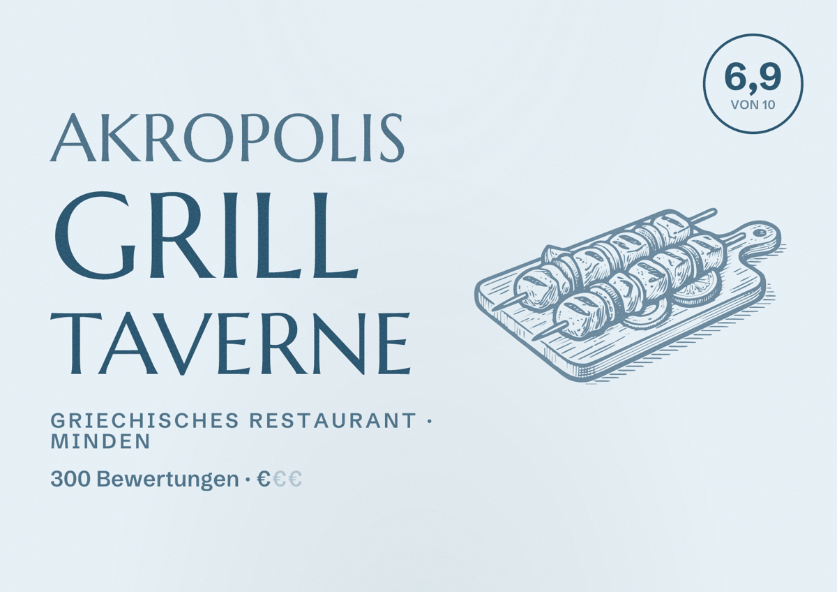 Illustriertes Poster von Akropolis Grill Taverne, Griechisches Restaurant in Minden: Bewertung 6,9 von 10 aus 300 Bewertungen, Preisniveau €