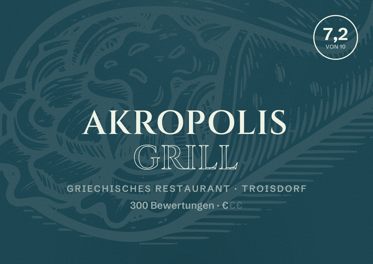Illustriertes Poster von Akropolis Grill, Griechisches Restaurant in Troisdorf: Bewertung 7,2 von 10 aus 300 Bewertungen, Preisniveau €