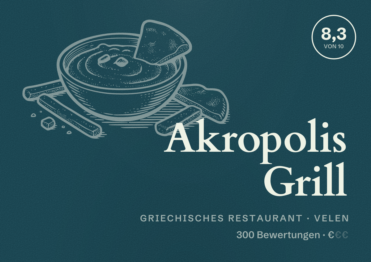 Illustriertes Poster von Akropolis Grill, Griechisches Restaurant in Velen: Bewertung 8,3 von 10 aus 300 Bewertungen, Preisniveau €
