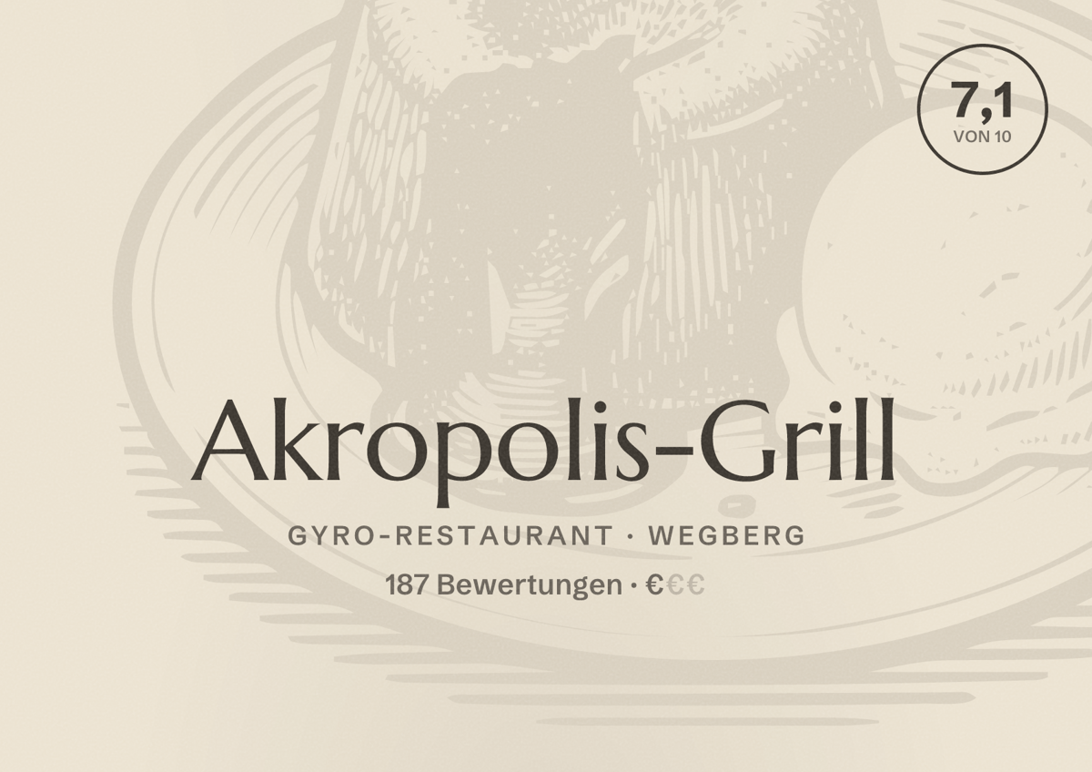 Illustriertes Poster von Akropolis-Grill, Gyro-Restaurant in Wegberg: Bewertung 7,1 von 10 aus 187 Bewertungen, Preisniveau €