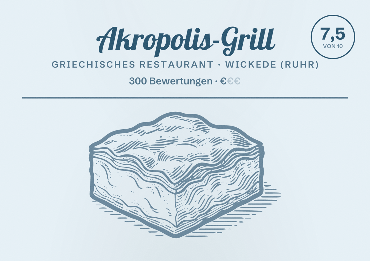 Illustriertes Poster von Akropolis-Grill, Griechisches Restaurant in Wickede (Ruhr): Bewertung 7,5 von 10 aus 300 Bewertungen, Preisniveau €