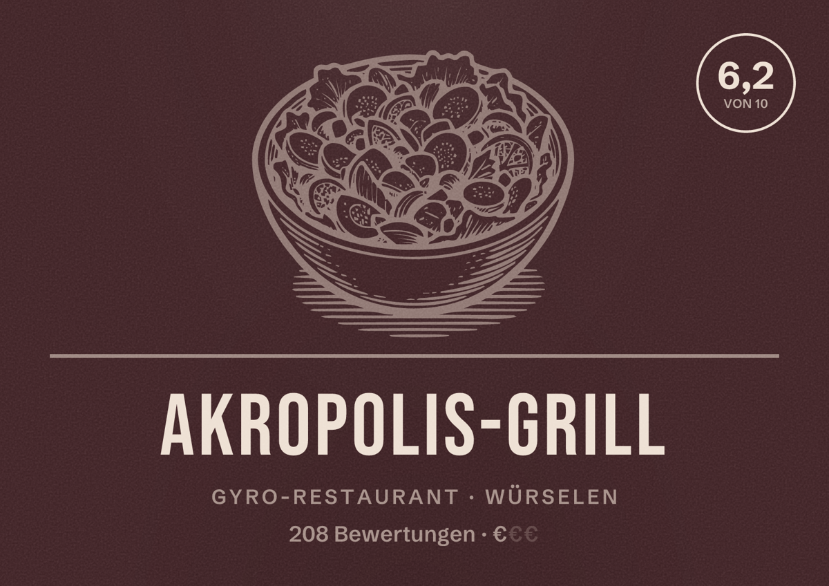 Illustriertes Poster von Akropolis-Grill, Gyro-Restaurant in Würselen: Bewertung 6,2 von 10 aus 208 Bewertungen, Preisniveau €