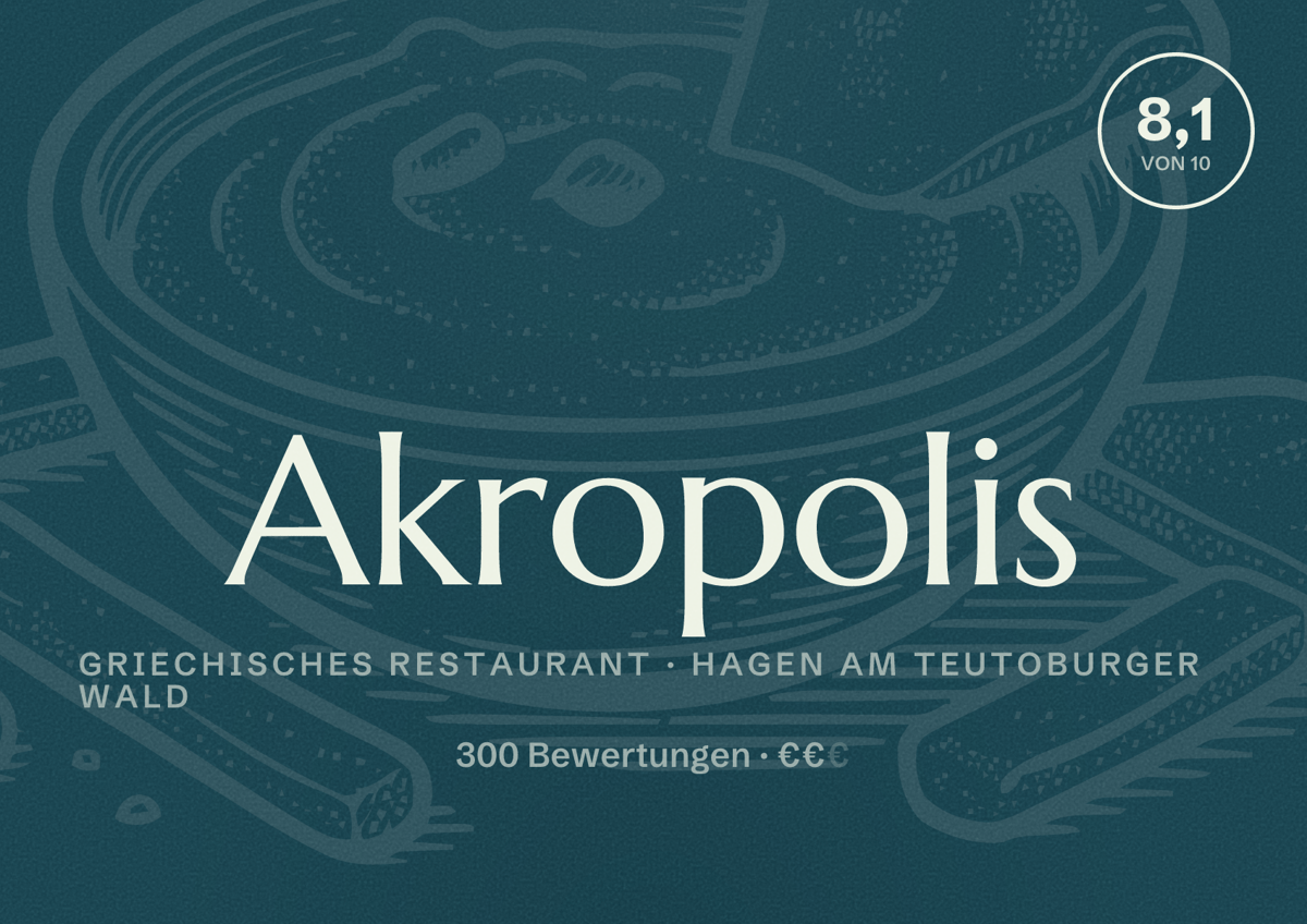 Illustriertes Poster von Akropolis, Griechisches Restaurant in Hagen am Teutoburger Wald: Bewertung 8,1 von 10 aus 300 Bewertungen, Preisniveau €€