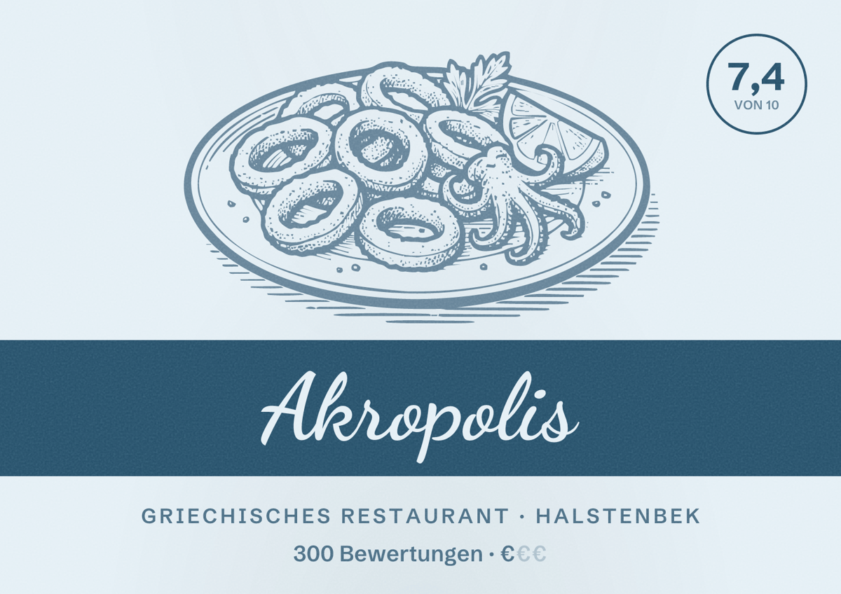 Illustriertes Poster von Akropolis, Griechisches Restaurant in Halstenbek: Bewertung 7,4 von 10 aus 300 Bewertungen, Preisniveau €