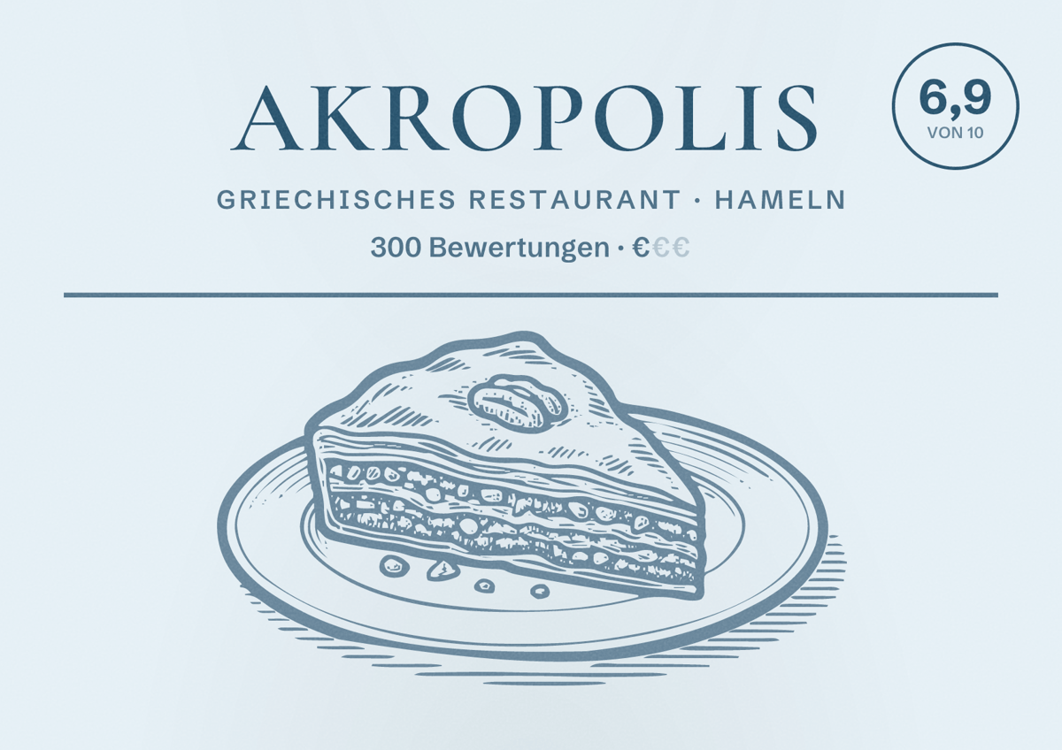 Illustriertes Poster von Akropolis, Griechisches Restaurant in Hameln: Bewertung 6,9 von 10 aus 300 Bewertungen, Preisniveau €
