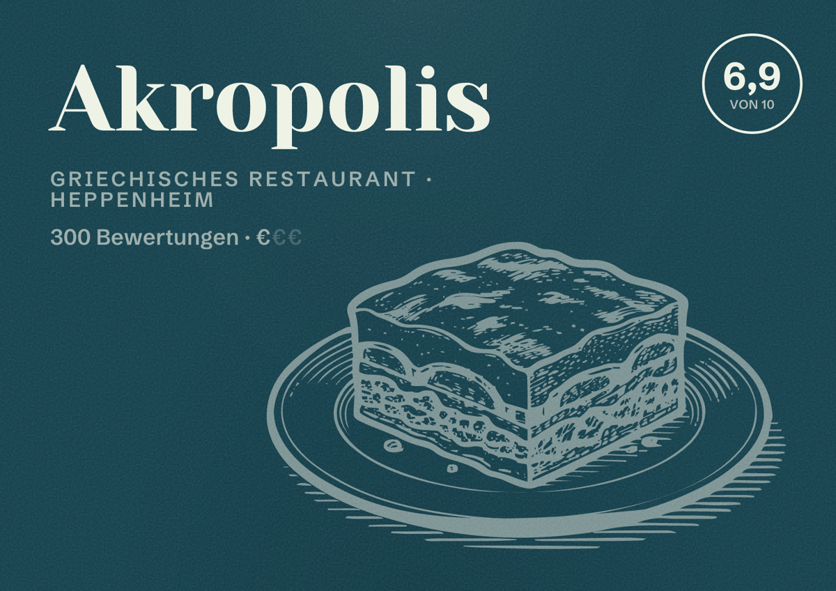 Illustriertes Poster von Akropolis, Griechisches Restaurant in Heppenheim: Bewertung 6,9 von 10 aus 300 Bewertungen, Preisniveau €