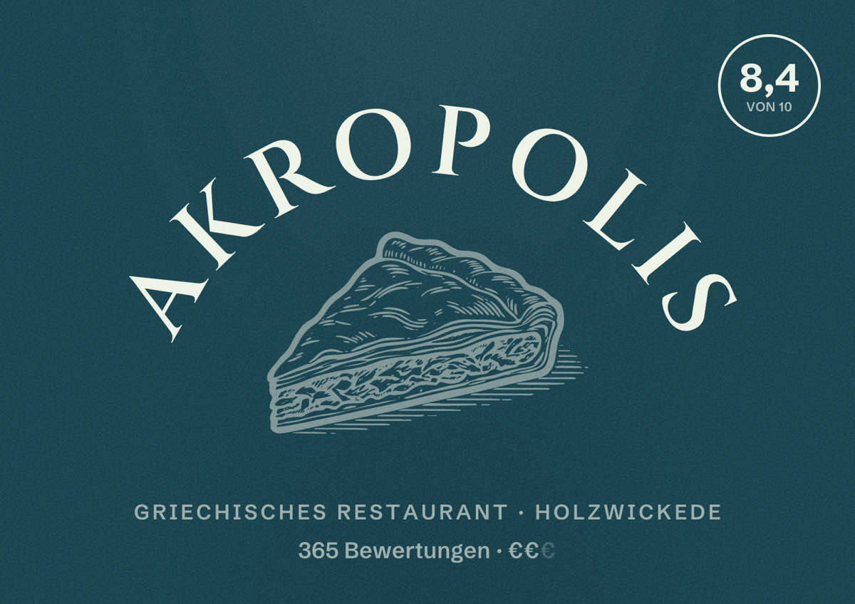 Illustriertes Poster von Akropolis, Griechisches Restaurant in Holzwickede: Bewertung 8,4 von 10 aus 365 Bewertungen, Preisniveau €€