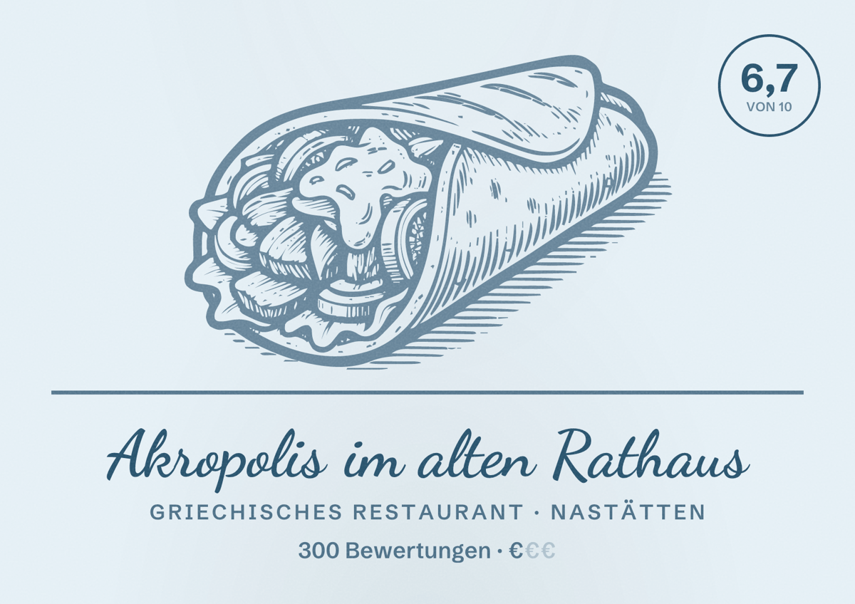 Illustriertes Poster von Akropolis im alten Rathaus, Griechisches Restaurant in Nastätten: Bewertung 6,7 von 10 aus 300 Bewertungen, Preisniveau €