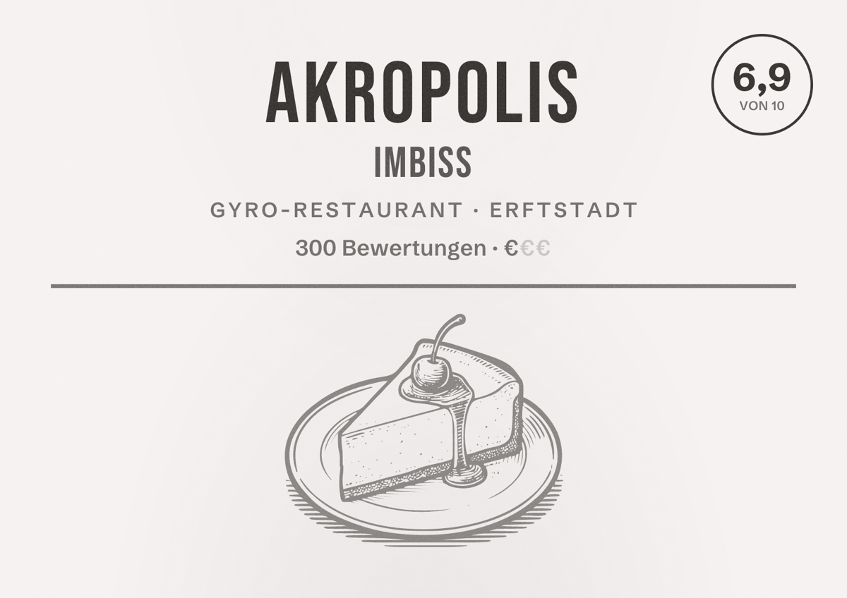 Illustriertes Poster von Akropolis Imbiss, Gyro-Restaurant in Erftstadt: Bewertung 6,9 von 10 aus 300 Bewertungen, Preisniveau €