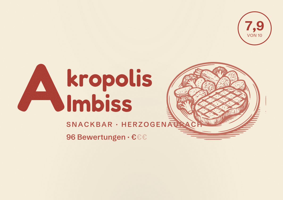 Illustriertes Poster von Akropolis Imbiss, Snackbar in Herzogenaurach: Bewertung 7,9 von 10 aus 96 Bewertungen, Preisniveau €