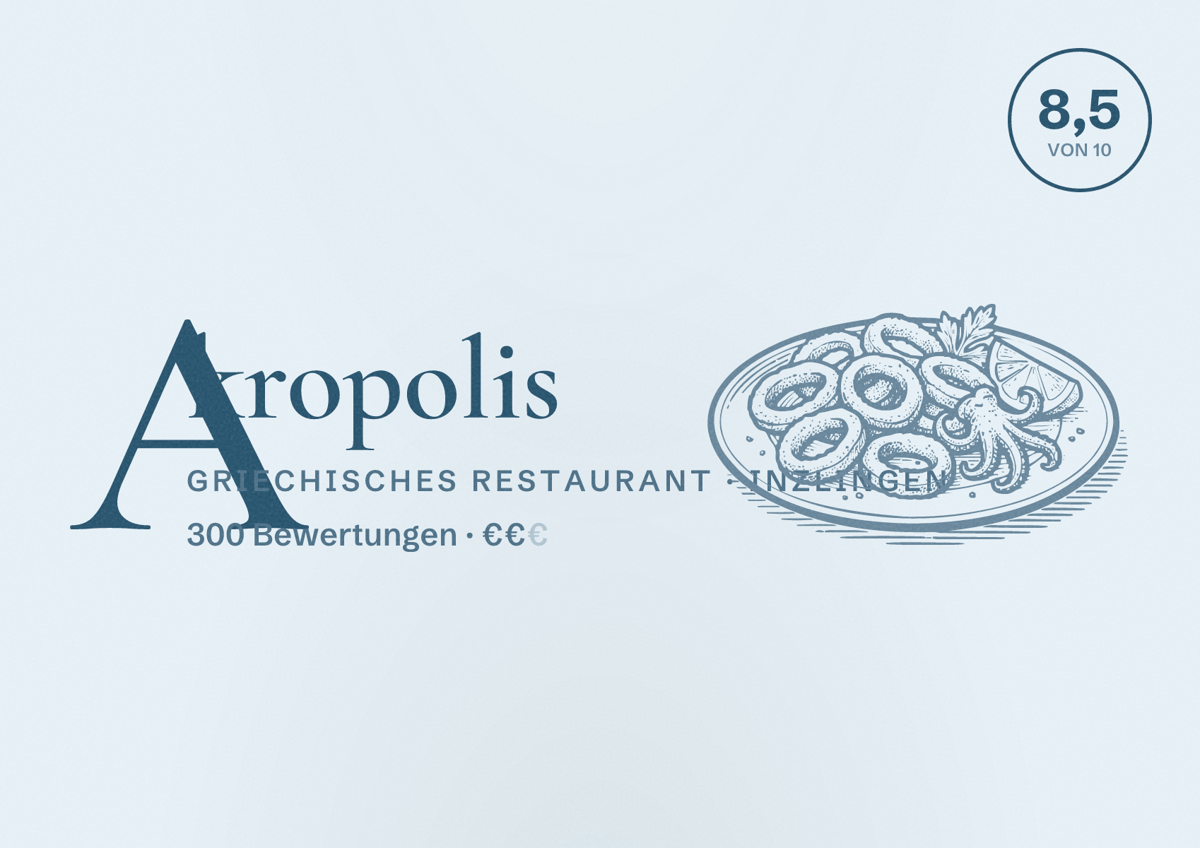 Illustriertes Poster von Akropolis, Griechisches Restaurant in Inzlingen: Bewertung 8,5 von 10 aus 300 Bewertungen, Preisniveau €€