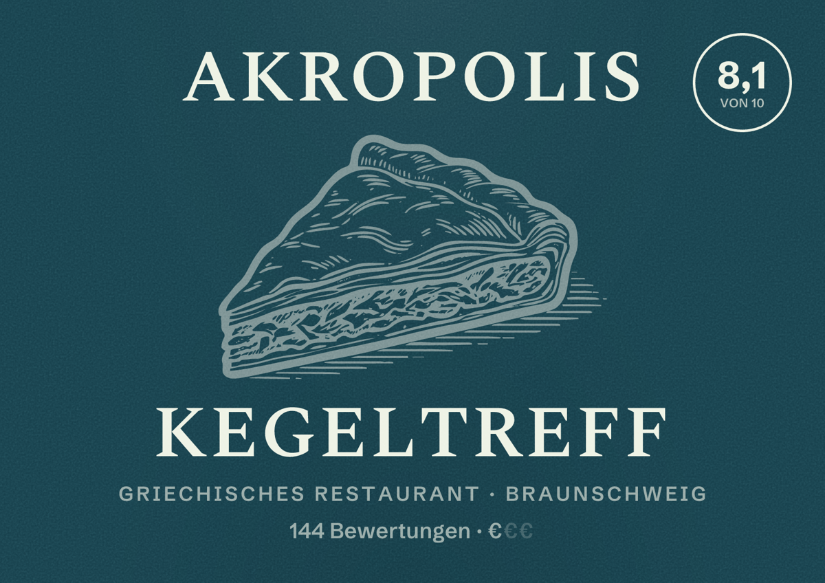 Illustriertes Poster von Akropolis Kegeltreff, Griechisches Restaurant in Braunschweig: Bewertung 8,1 von 10 aus 144 Bewertungen, Preisniveau €
