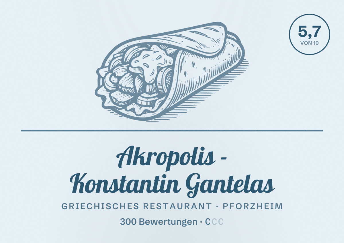 Illustriertes Poster von Akropolis - Konstantin Gantelas, Griechisches Restaurant in Pforzheim: Bewertung 5,7 von 10 aus 300 Bewertungen, Preisniveau €